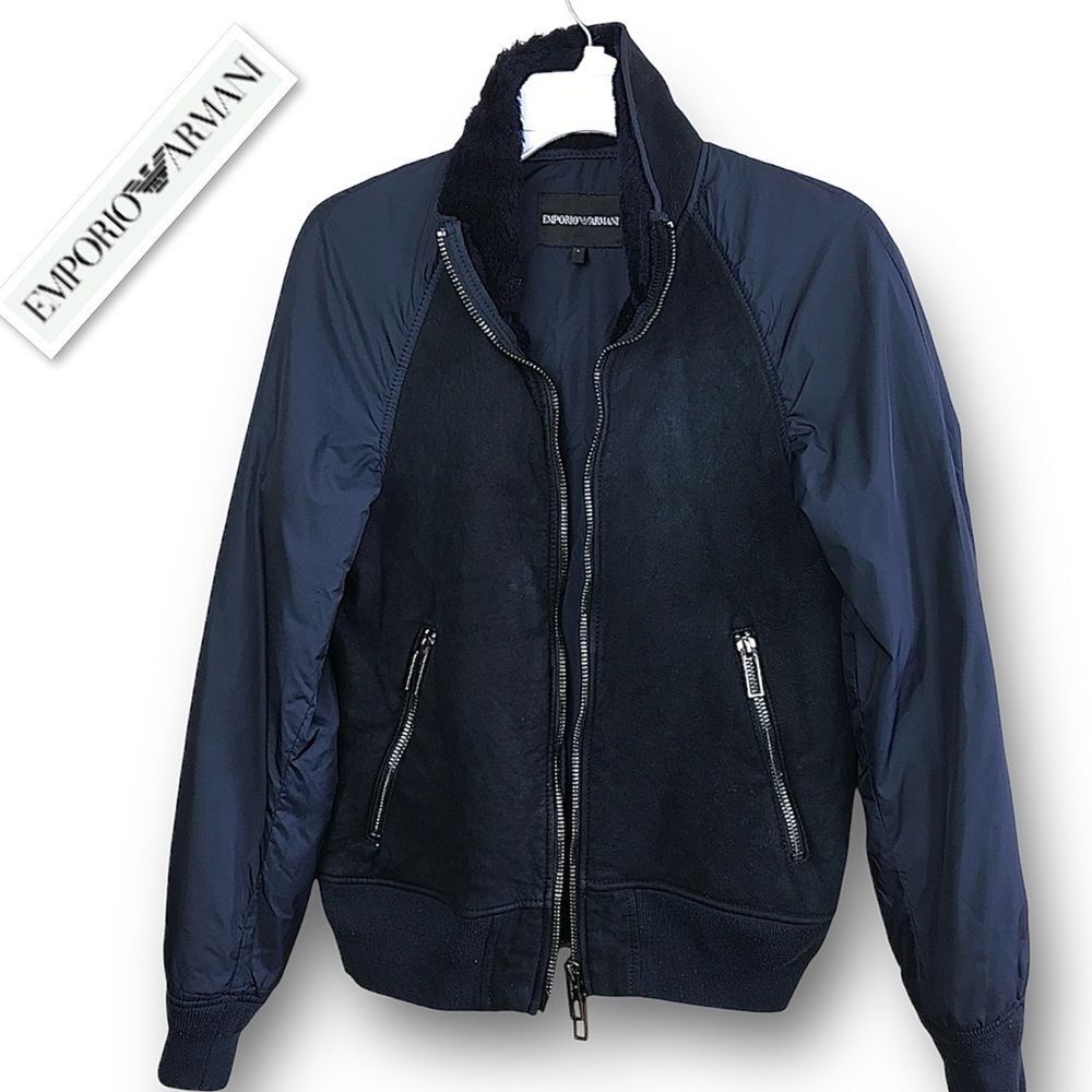 EMPORIO ARMANI Lamb Shearling Front Unisex Lightweight Bomber Jacket Navy Sz S - Picture 2 of 14